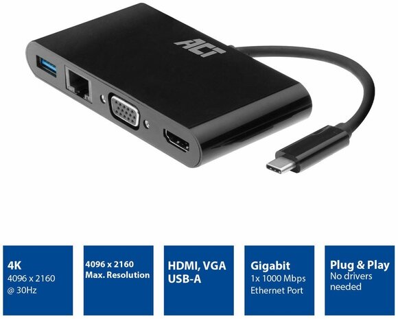 ACT AC7330 | Docking Station | USB-C | HDMI + VGA + USB | Zwart