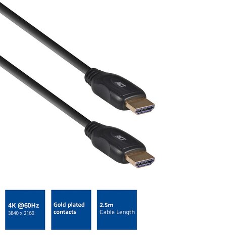 ACT 2,5 meter HDMI 4K High Speed kabel v2.0 HDMI-A male - HDMI-A male
